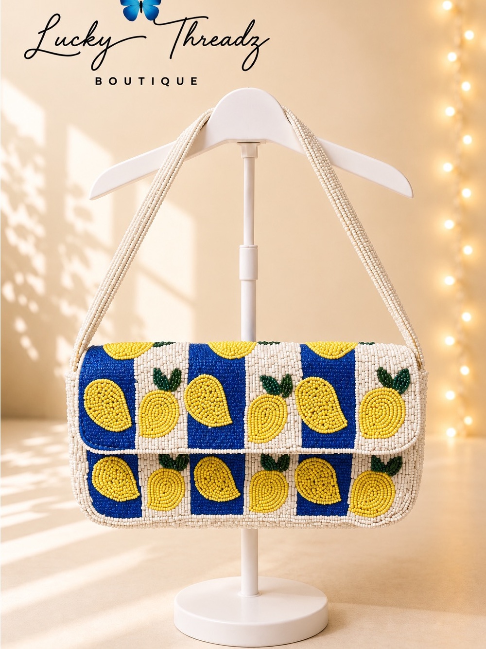 Primark NWT Beaded Lemon Shoulder Bag Blue White Yellow Coastal